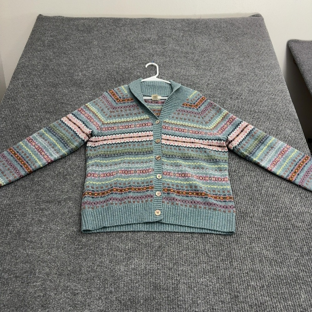LL Bean Cardigan Sweater Womens L Blue Lambswool Fair Isle Shawl Neck Cottage